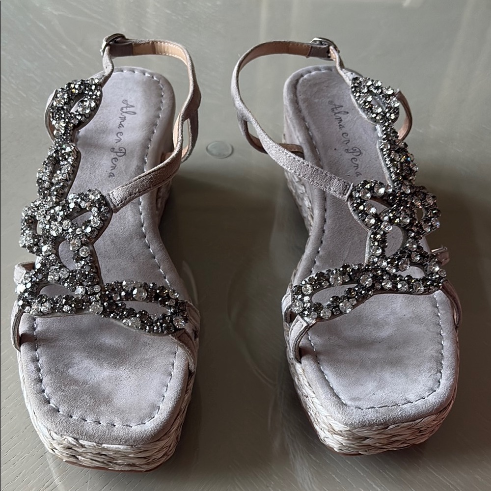 Alma en Pena Wedge Sandals with Crystal Embellishments size 9
